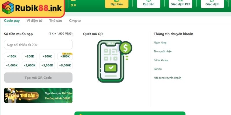 Các phương thức nạp tiền Rubik88 được chọn nhiều 
